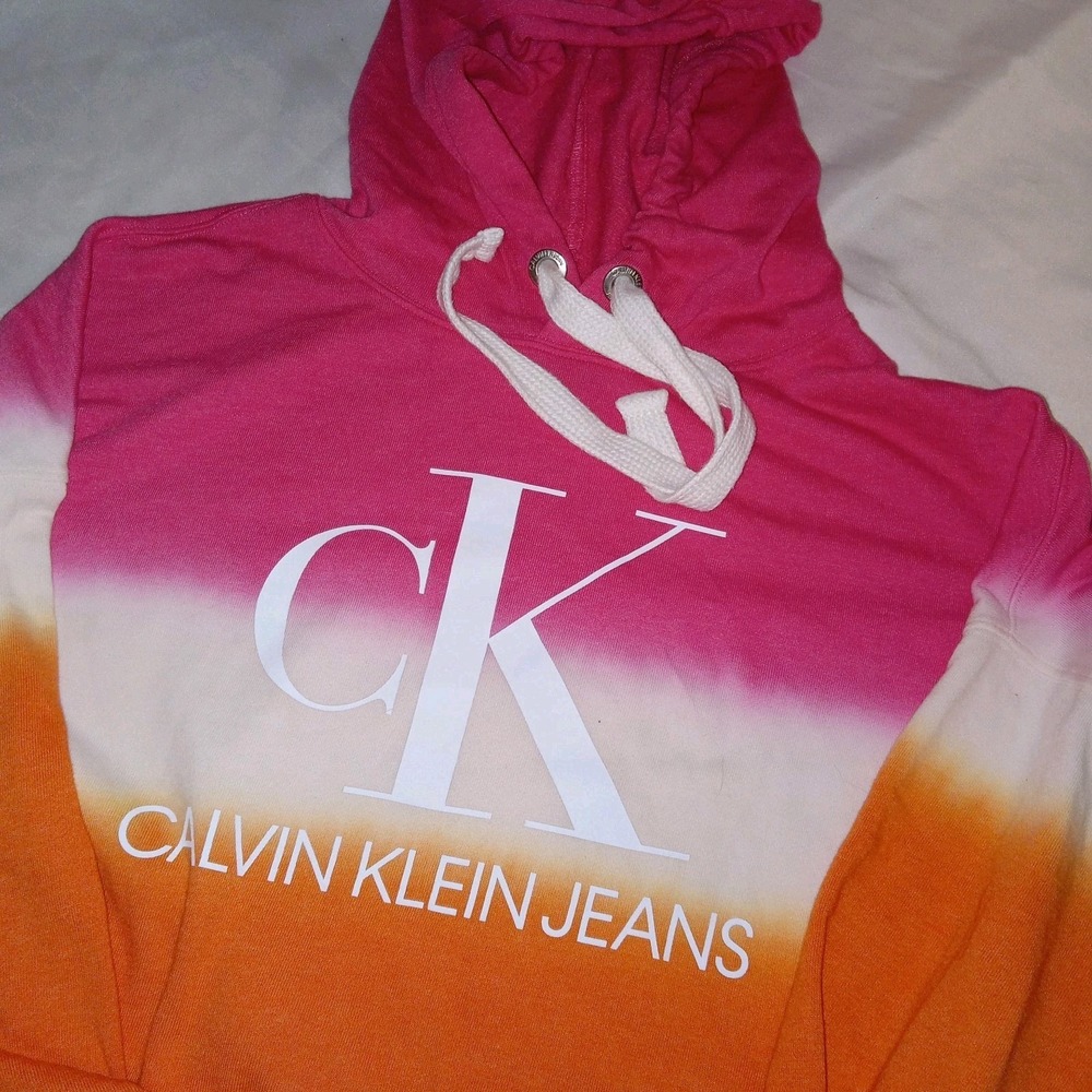 Calvin Klein Jeans Hoodie Women Medium Pink Orange Dip Dye Logo Sweatshirt